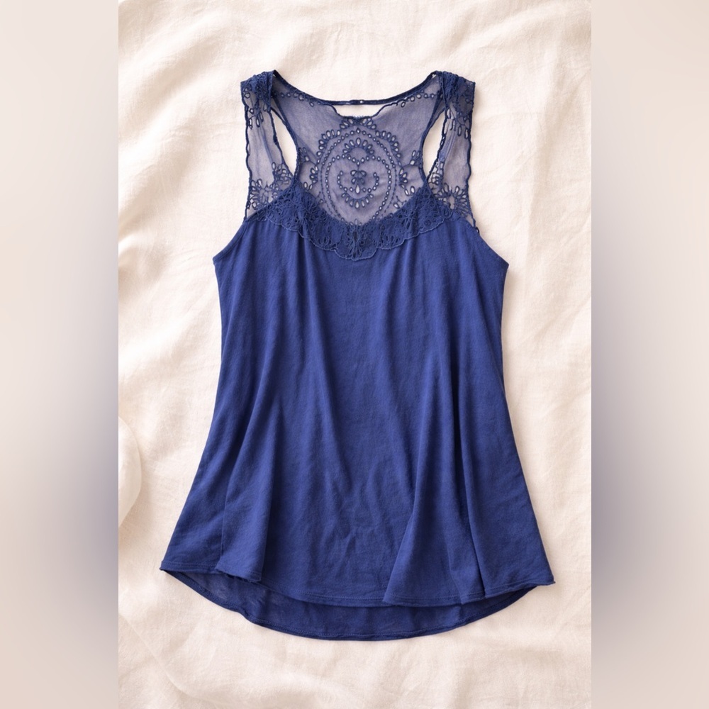 Willow & Clay Blue Lace Embroidered Sheer Tank Top Boho Medium
